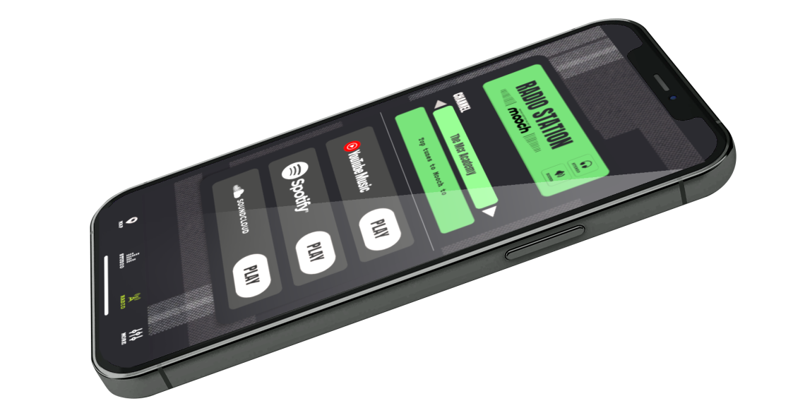 a graphic of a mobile phone with the Mooch radio onscreen